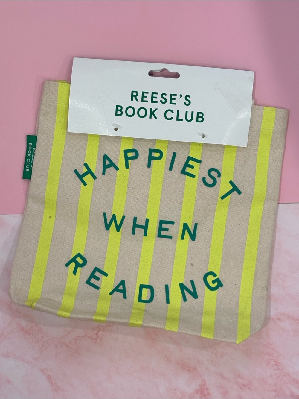 Out of Print Green Lettering Yellow-Striped Canvas Tote